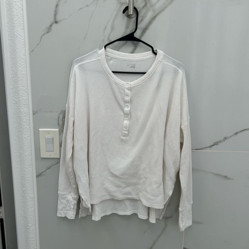 aerie White Waffle-Knit Long Sleeve Henley Top
